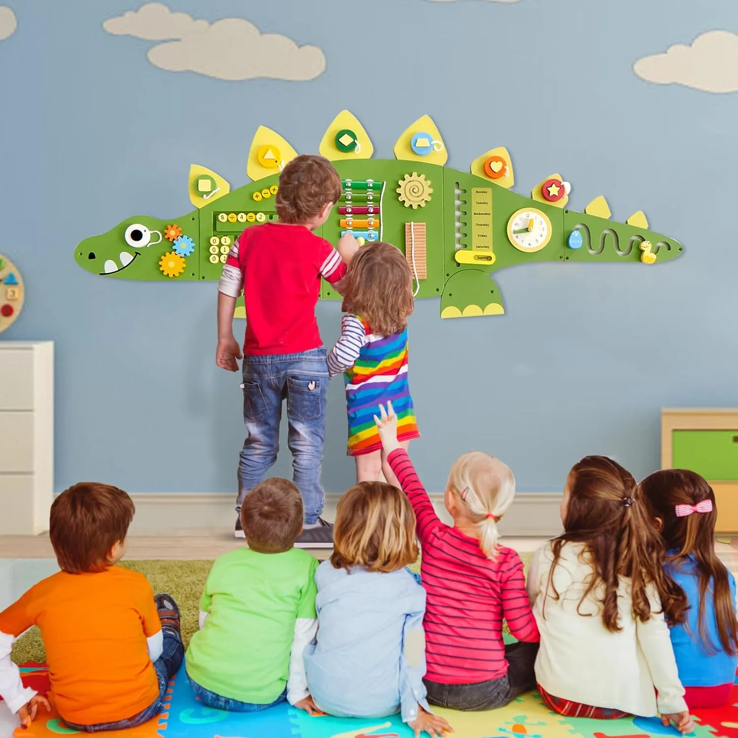 Beright Dinosaur Activity Wall Busy Board Panels, Montessori Sensory Toys, Toddler Learning Activity Center, Perfect for Toddler Playroom & Children's Daycare, Green