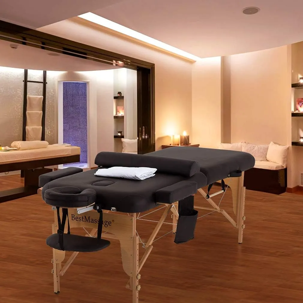 BestMassage Massage Bed Portable Massage Table 28 inche Wide Lash Bed Heigh Adjustable PU Leather 2 Folding with Towel Hanger Oil Pouch Half Bolster Round Bolster Non-Woven Bag