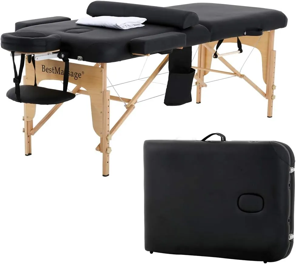 BestMassage Massage Bed Portable Massage Table 28 inche Wide Lash Bed Heigh Adjustable PU Leather 2 Folding with Towel Hanger Oil Pouch Half Bolster Round Bolster Non-Woven Bag