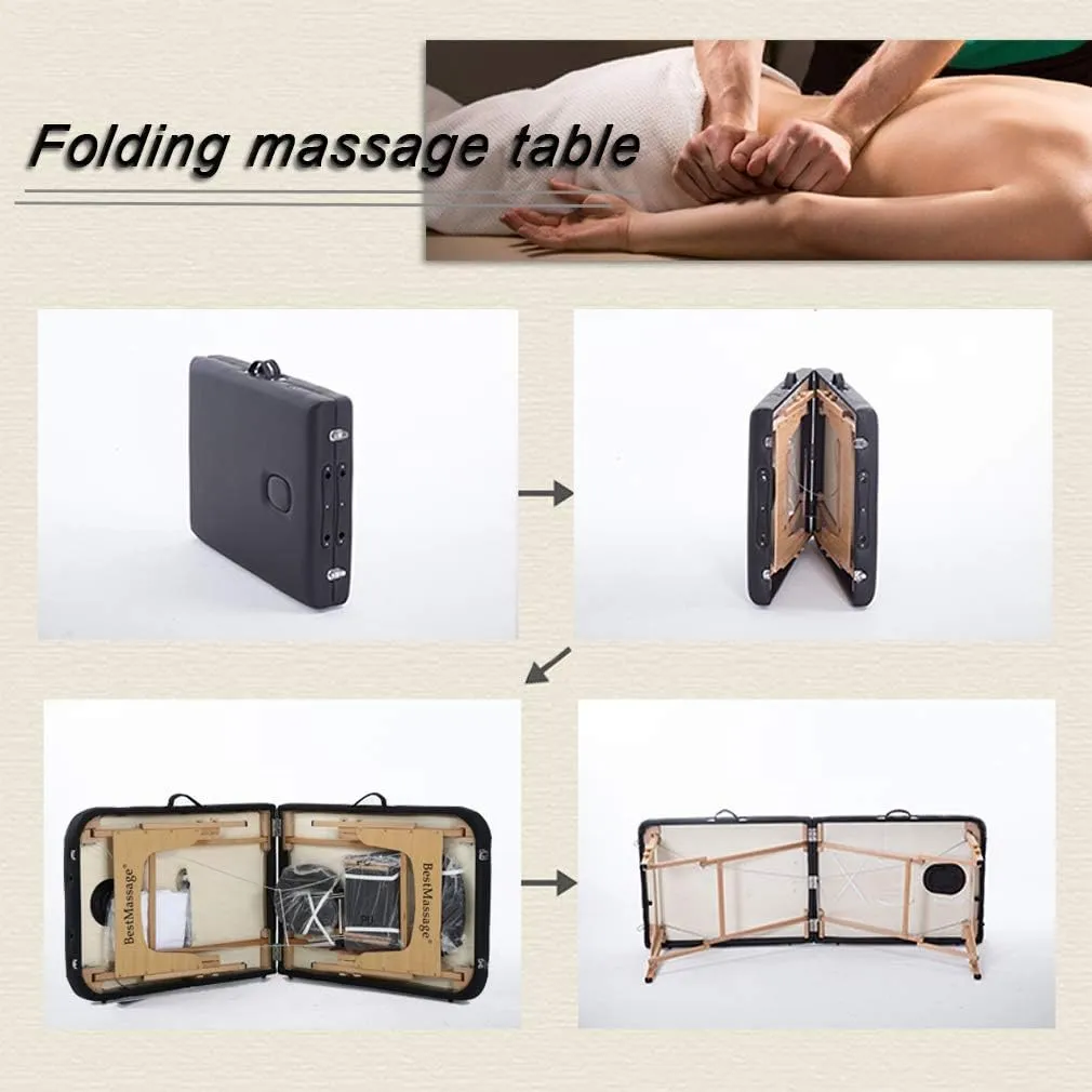 BestMassage Massage Bed Portable Massage Table 28 inche Wide Lash Bed Heigh Adjustable PU Leather 2 Folding with Towel Hanger Oil Pouch Half Bolster Round Bolster Non-Woven Bag