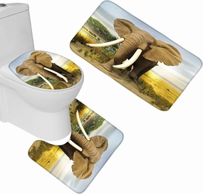 Big Elephant on The Africa Prairie Wild Nature Scenery Decor 3 Piece Bathroom Mat Set Non Slip Bath Mat Contour Mat Toilet Cover