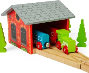Bigjigs Rail Double Engine Wooden Shed | Red Model Garage for Parking Train Toy | Accessories for Wood Railway Track Expansion | Ideal as Gifts for Kids Age 3 | Educational Tool for Young Children