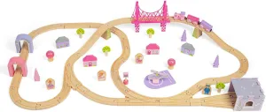 Bigjigs Rail Fairy Town Wooden Train Set | Railway Toy for Kids Age 3  | Wood Track with Model Fairytale Village | Comes with Pink Wood Accessories & Figures | Educational Gift for Girls and Boys