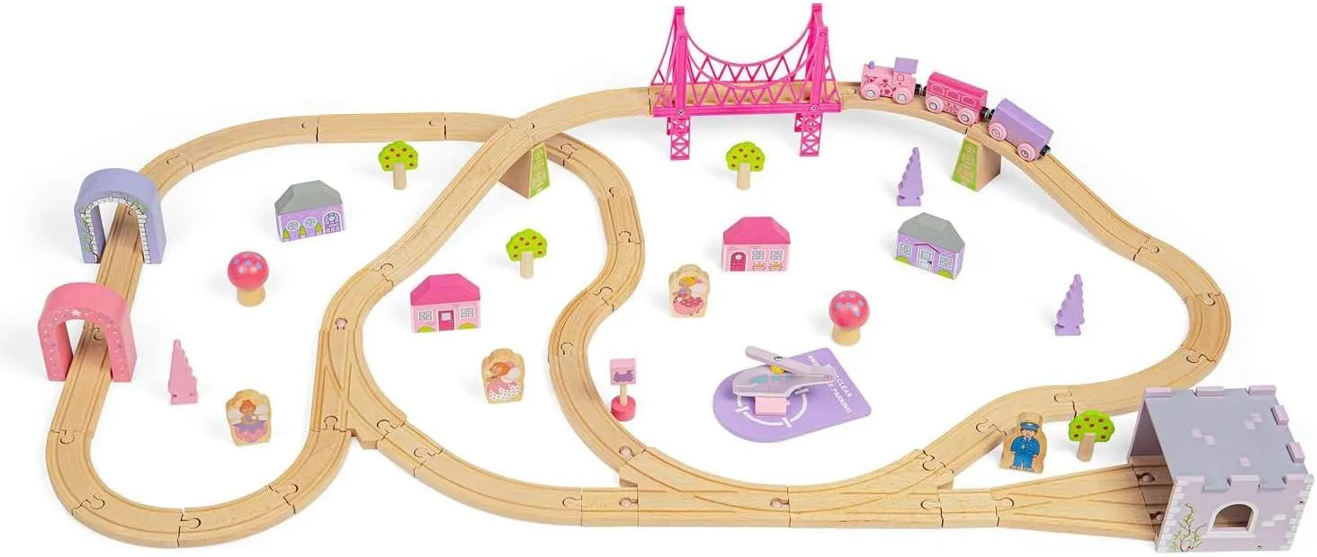 Bigjigs Rail Fairy Town Wooden Train Set | Railway Toy for Kids Age 3  | Wood Track with Model Fairytale Village | Comes with Pink Wood Accessories & Figures | Educational Gift for Girls and Boys