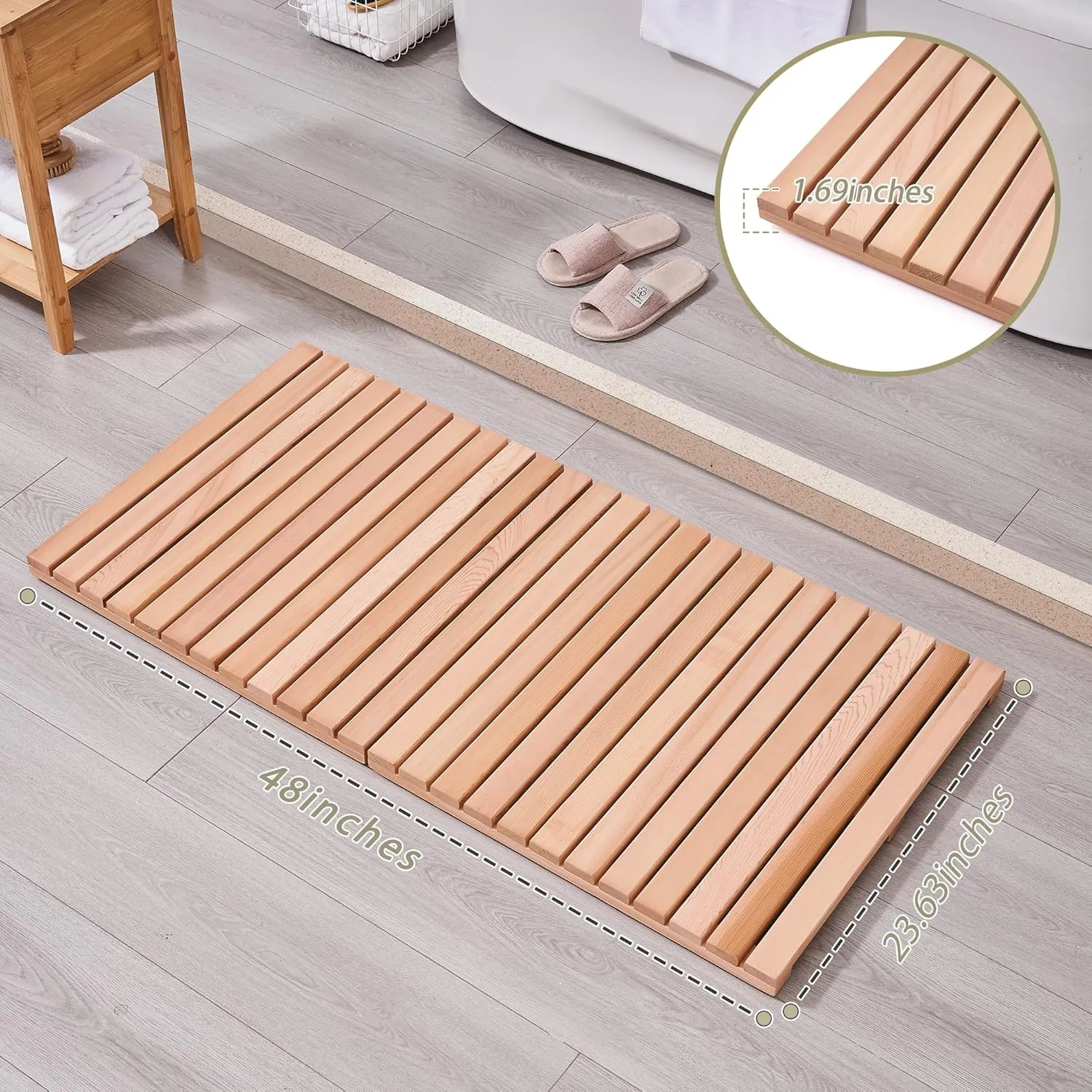 bingaai Cedar Wood Bath Mat 48 × 23.6 in, Wooden Bath Mats, Cedar Wood Shower Mat, Shower Stall Mat Non-Slip for Bathroom Bathtub Spa Sauna Garden Home, Wooden Floor Mat Large for Indoor and Outdoor