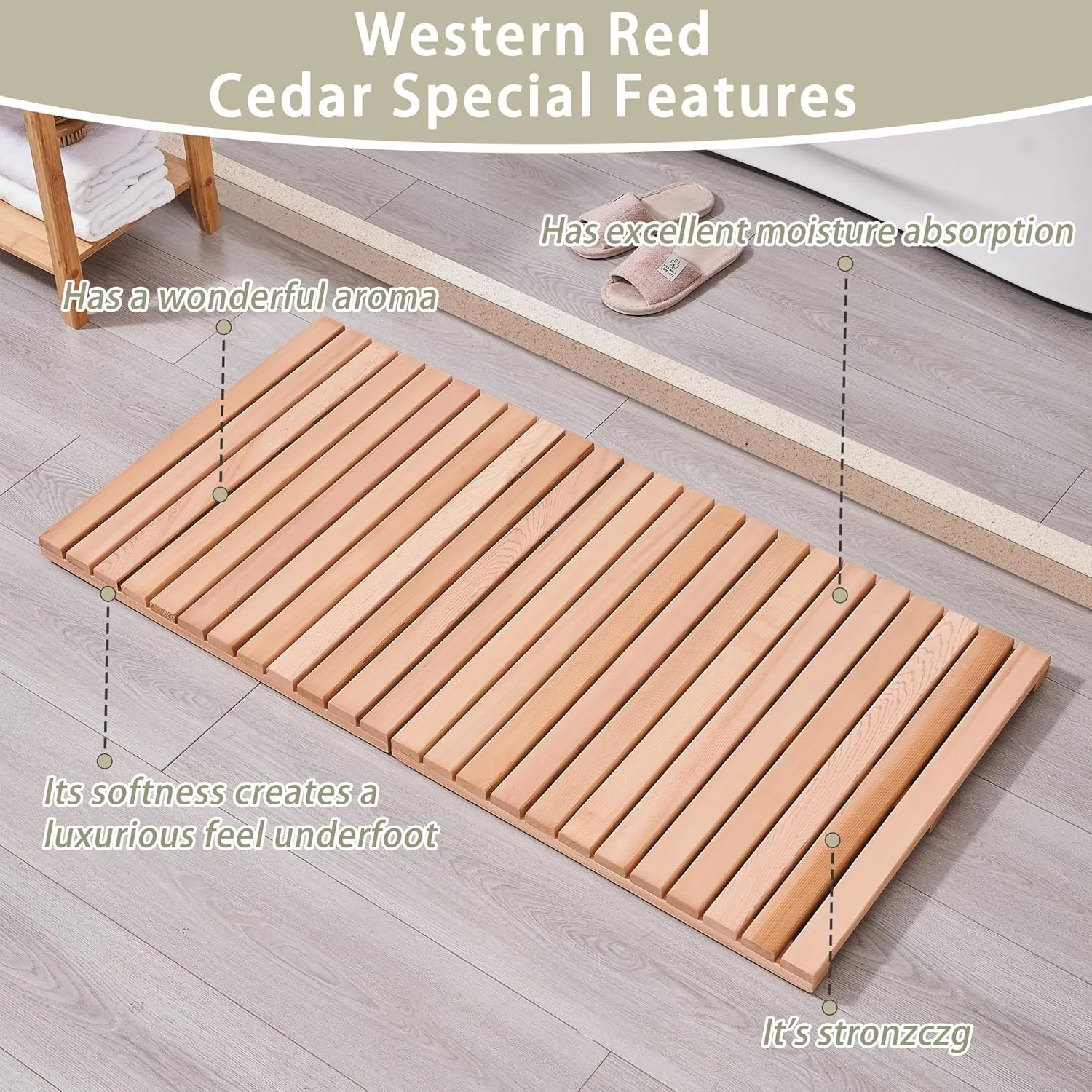 bingaai Cedar Wood Bath Mat 48 × 23.6 in, Wooden Bath Mats, Cedar Wood Shower Mat, Shower Stall Mat Non-Slip for Bathroom Bathtub Spa Sauna Garden Home, Wooden Floor Mat Large for Indoor and Outdoor