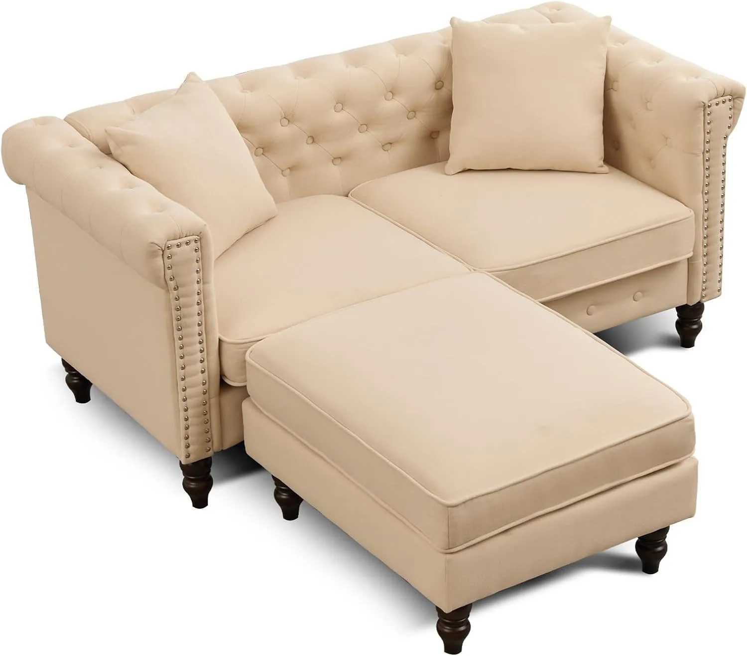 BINGTOO 63'' Mid Century Modern Couch Chesterfield Linen Loveseat Sofa with Ottoman Tufted Deep Seat Sofa with Scroll Arms and Nailhead Comfy Upholstered Couch for Living Room (Beige, 2 Seater)