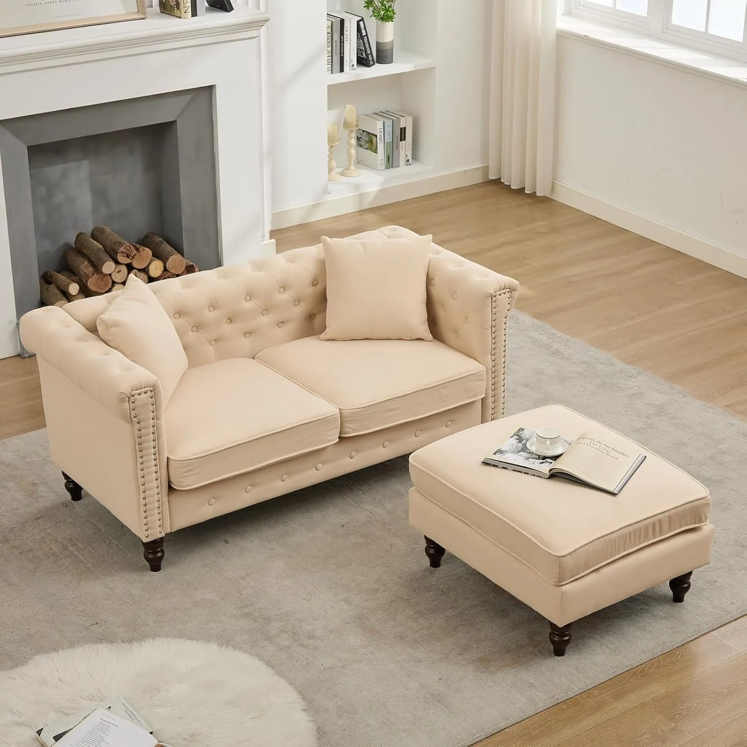 BINGTOO 63'' Mid Century Modern Couch Chesterfield Linen Loveseat Sofa with Ottoman Tufted Deep Seat Sofa with Scroll Arms and Nailhead Comfy Upholstered Couch for Living Room (Beige, 2 Seater)