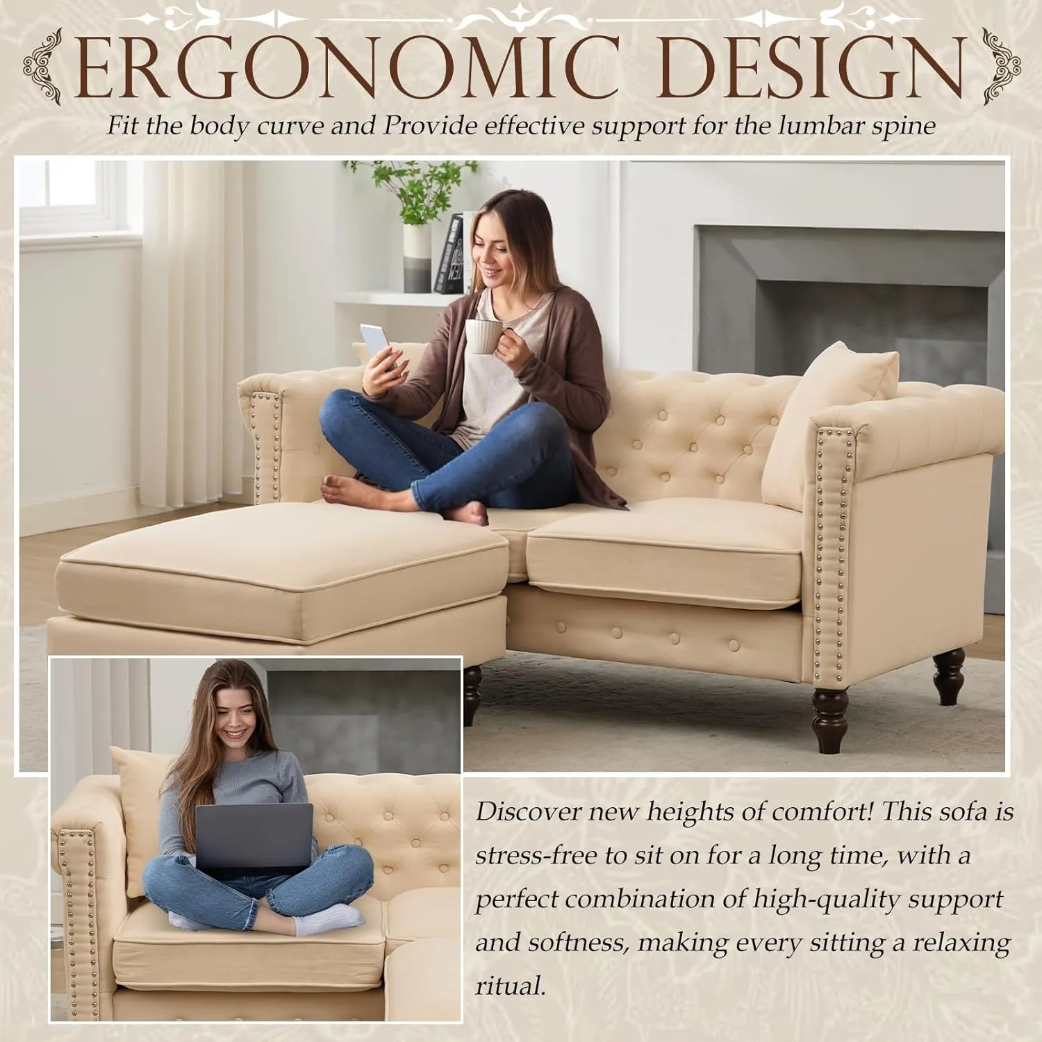BINGTOO 63'' Mid Century Modern Couch Chesterfield Linen Loveseat Sofa with Ottoman Tufted Deep Seat Sofa with Scroll Arms and Nailhead Comfy Upholstered Couch for Living Room (Beige, 2 Seater)