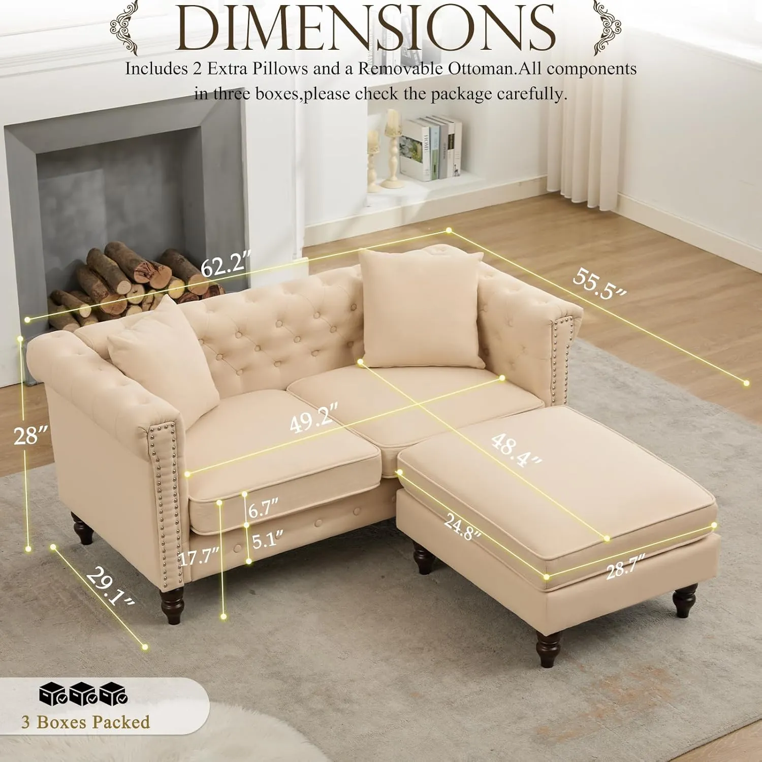 BINGTOO 63'' Mid Century Modern Couch Chesterfield Linen Loveseat Sofa with Ottoman Tufted Deep Seat Sofa with Scroll Arms and Nailhead Comfy Upholstered Couch for Living Room (Beige, 2 Seater)
