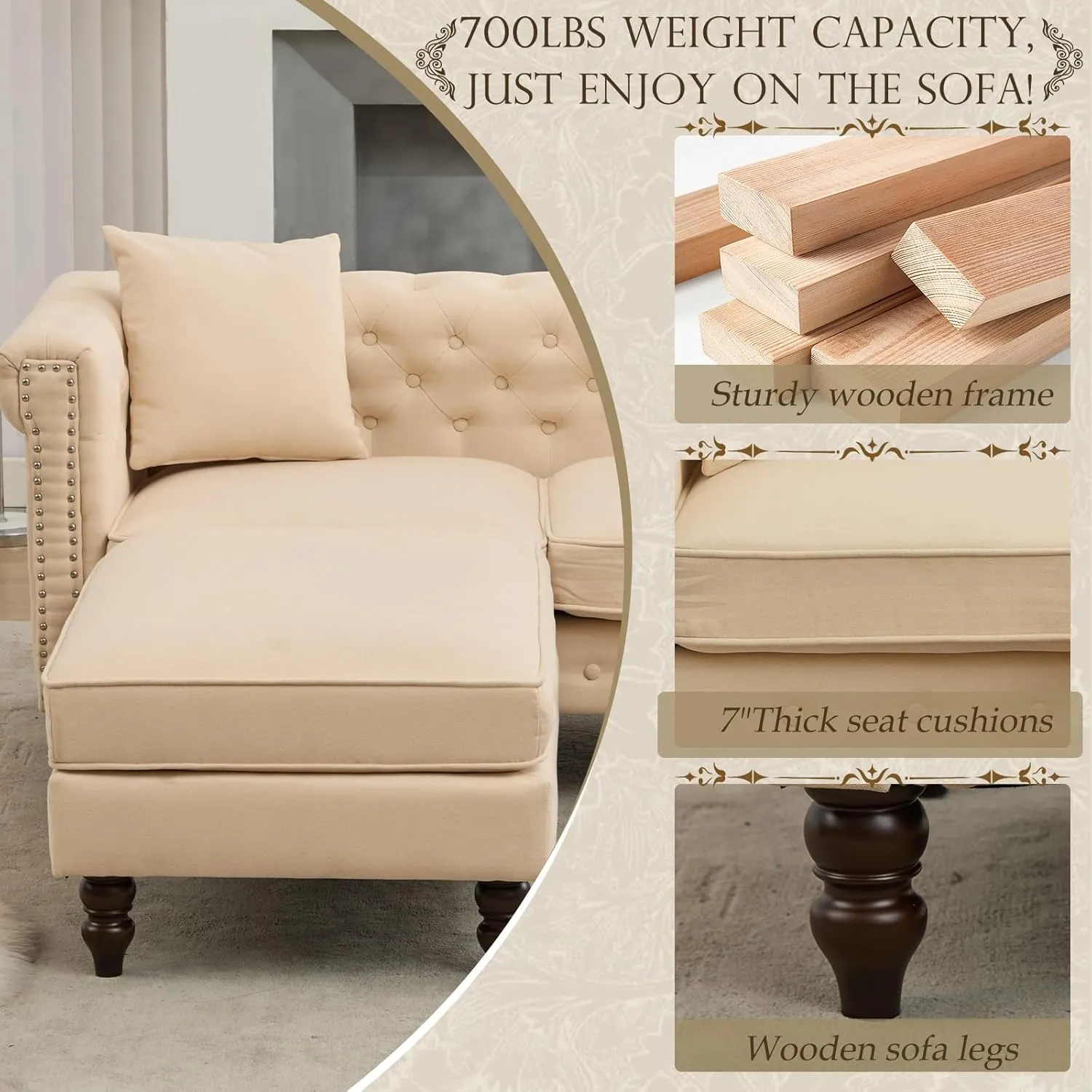 BINGTOO 63'' Mid Century Modern Couch Chesterfield Linen Loveseat Sofa with Ottoman Tufted Deep Seat Sofa with Scroll Arms and Nailhead Comfy Upholstered Couch for Living Room (Beige, 2 Seater)