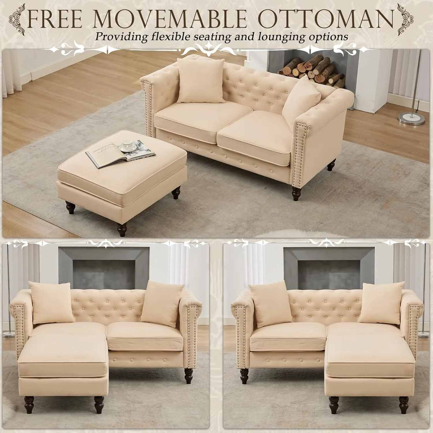 BINGTOO 63'' Mid Century Modern Couch Chesterfield Linen Loveseat Sofa with Ottoman Tufted Deep Seat Sofa with Scroll Arms and Nailhead Comfy Upholstered Couch for Living Room (Beige, 2 Seater)