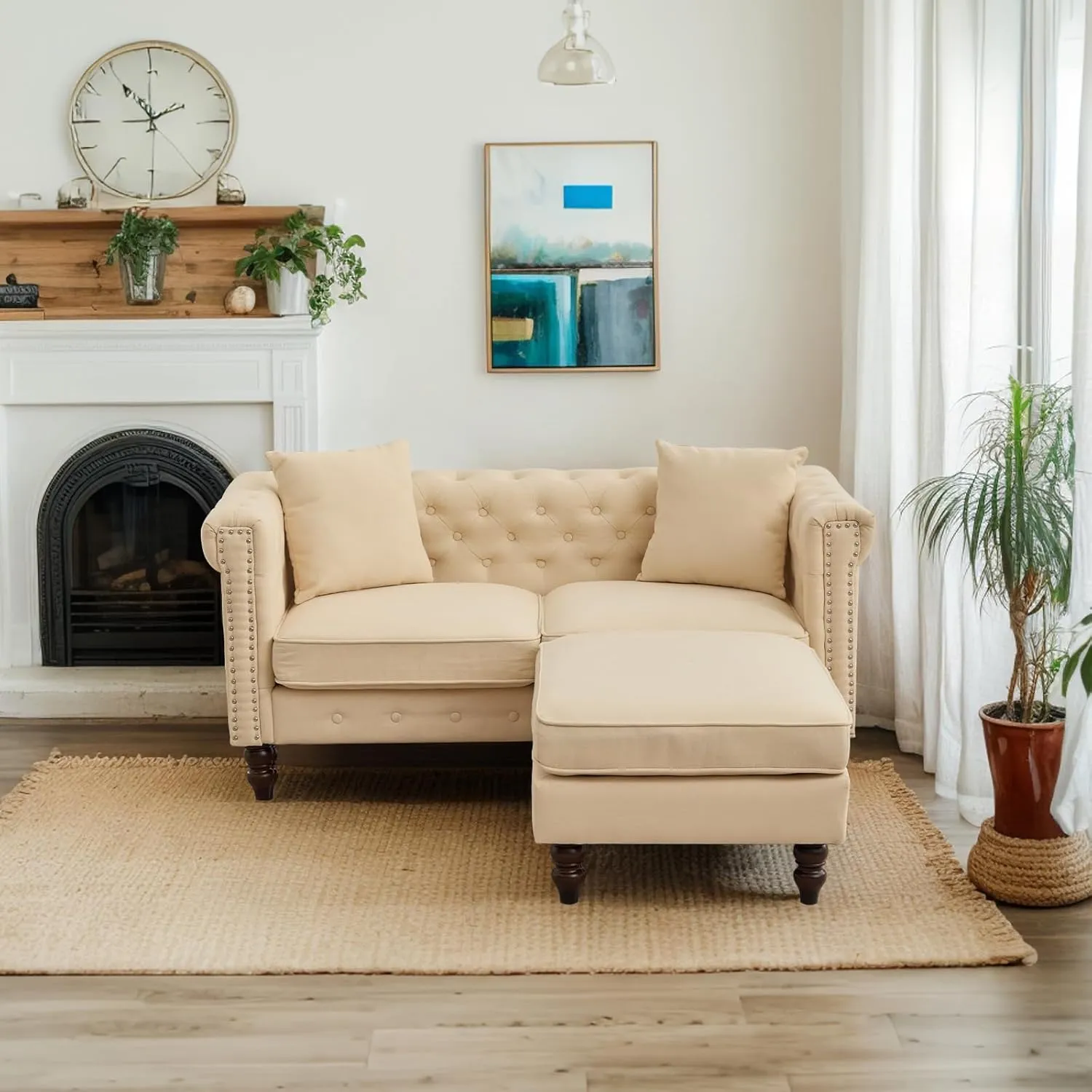 BINGTOO 63'' Mid Century Modern Couch Chesterfield Linen Loveseat Sofa with Ottoman Tufted Deep Seat Sofa with Scroll Arms and Nailhead Comfy Upholstered Couch for Living Room (Beige, 2 Seater)