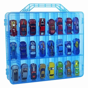 Bins & Things Toy Car Storage Organizer - 48 Compartment Double-Sided Toy Cars Storage Case - 13.5"x11.7"x3.2" Portable Car Cases and Toys Display Case for Kids - Carry Handle - Transparent Blue Box