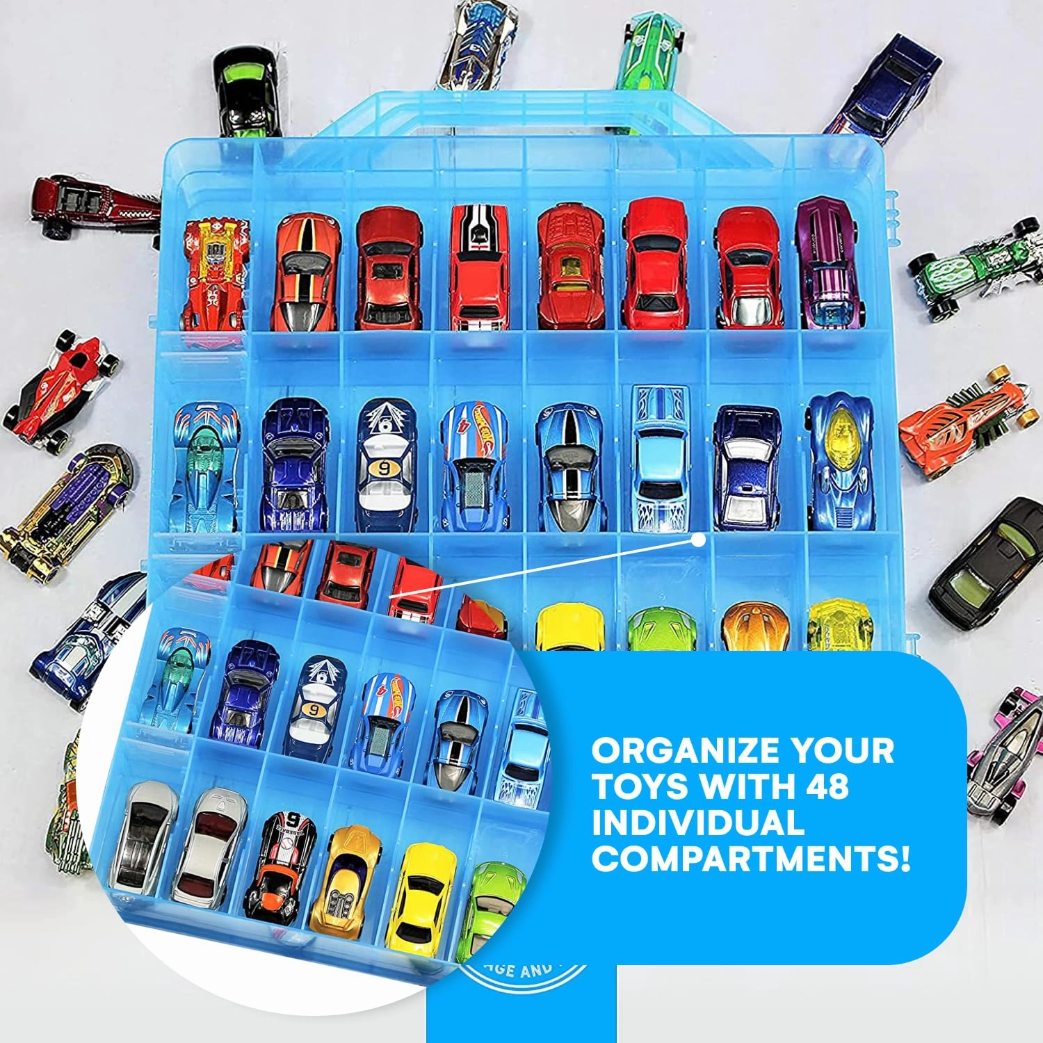 Bins & Things Toy Car Storage Organizer - 48 Compartment Double-Sided Toy Cars Storage Case - 13.5"x11.7"x3.2" Portable Car Cases and Toys Display Case for Kids - Carry Handle - Transparent Blue Box