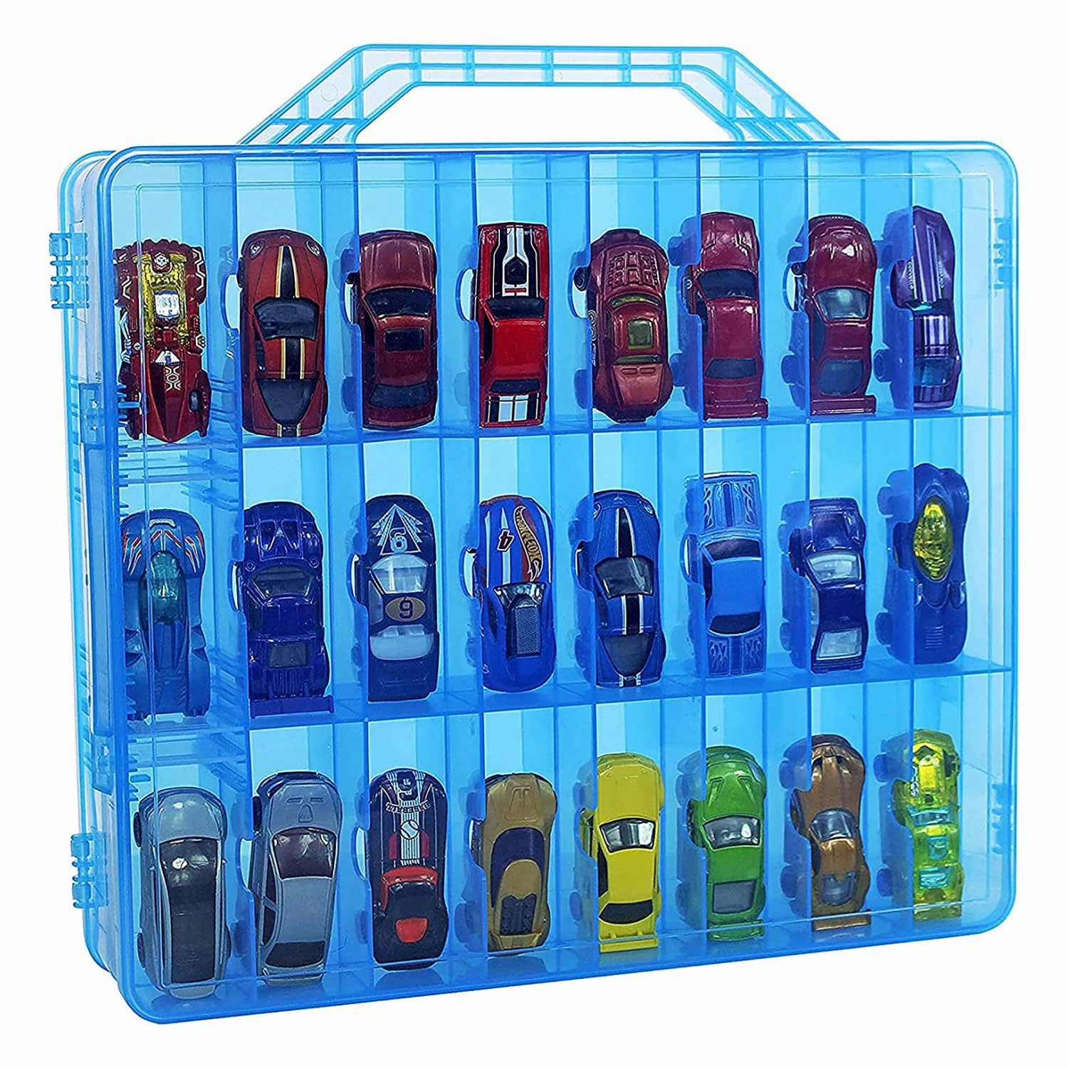 Bins & Things Toy Car Storage Organizer - 48 Compartment Double-Sided Toy Cars Storage Case - 13.5"x11.7"x3.2" Portable Car Cases and Toys Display Case for Kids - Carry Handle - Transparent Blue Box