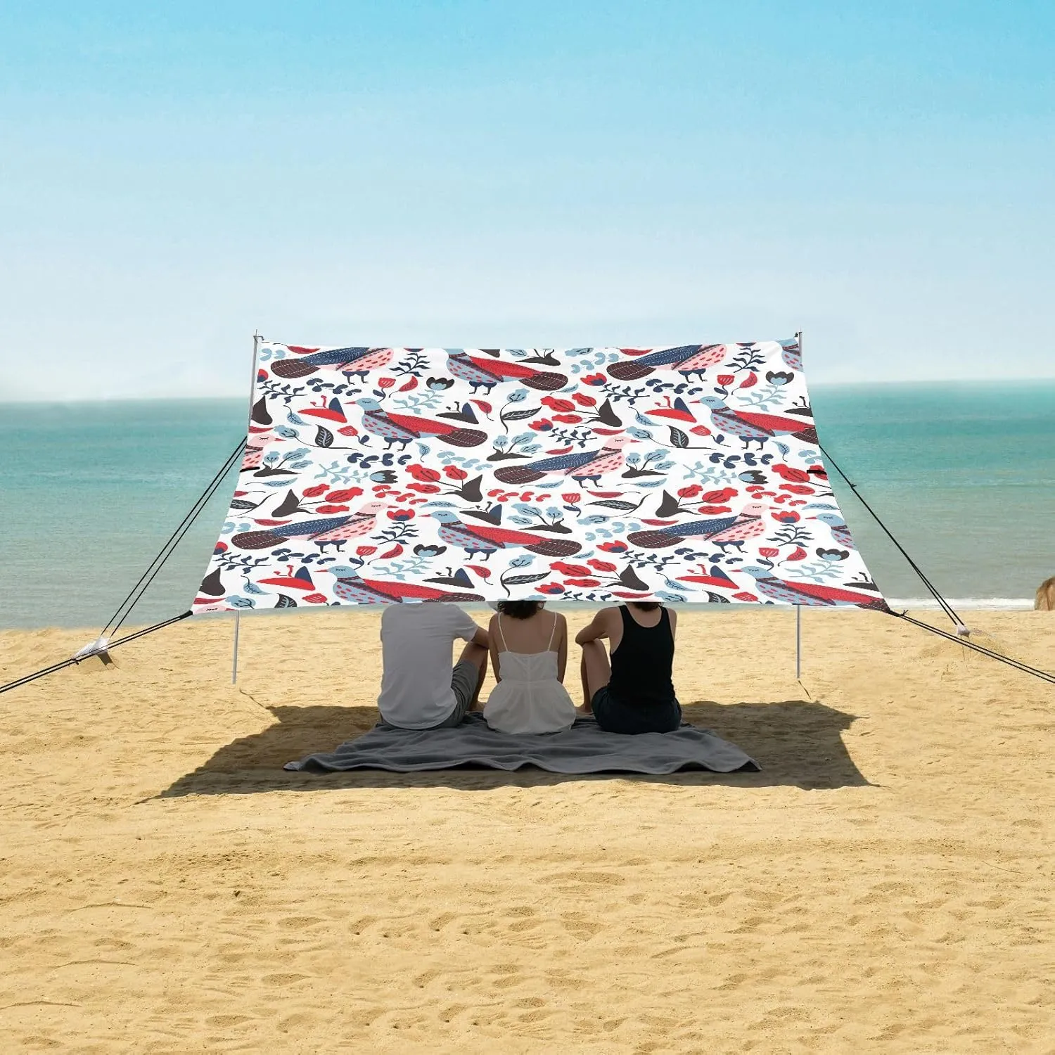 Birds Pigeon Flowers Beach Canopy Tent Anti-UV & Wind Resistant, Hand Drawn Spring Camping Sun Shelter Easy Setup Portable,Outdoor Shade Tents with Sandbags,Sand Shovels,Ground Pegs & Stability