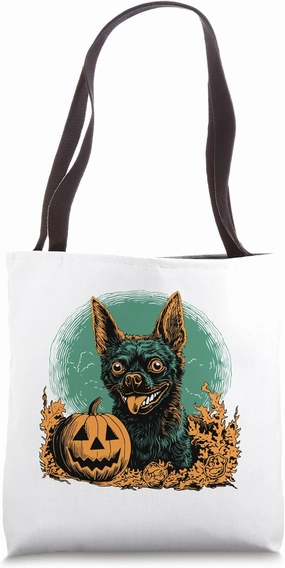 Bizarre spooky dog with open-mouthed grin and full moon Tote Bag