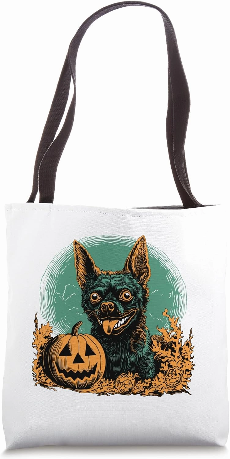 Bizarre spooky dog with open-mouthed grin and full moon Tote Bag