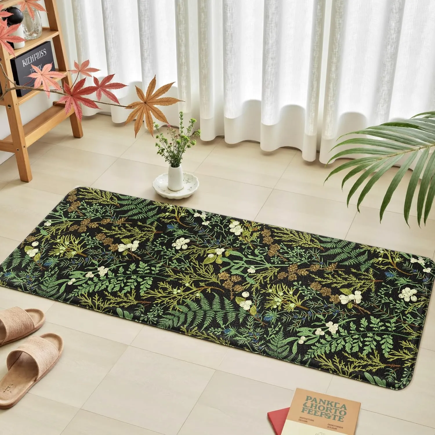 Black Green Botanical Kitchen Rugs Set of 2 Plant Leaf Anti-Fatigue Kitchen Mat Natural Comfort Standing Waterproof PVC Mats 2/5" Thick Leather Carpet for Laundry Office Sink(17.3" x28"   17.3" x 47")