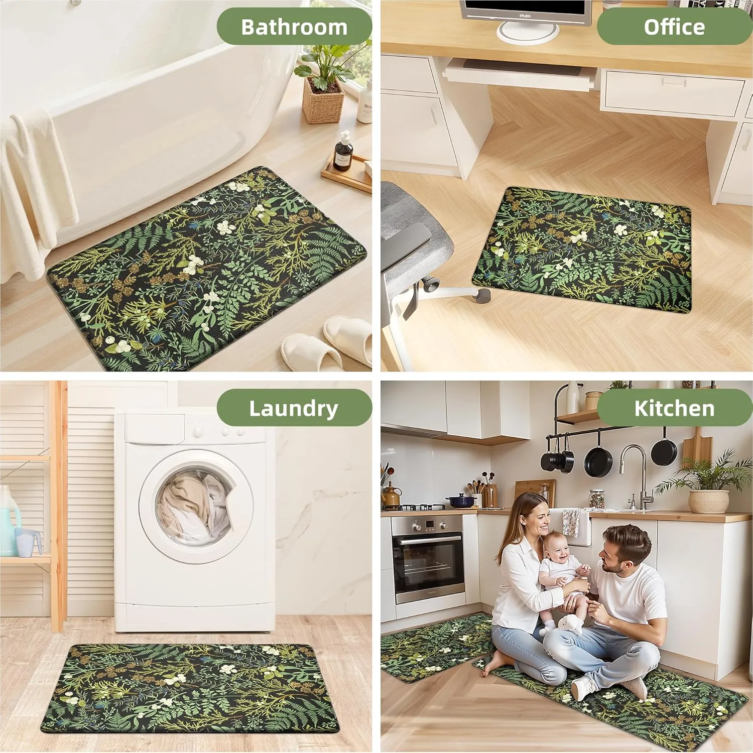Black Green Botanical Kitchen Rugs Set of 2 Plant Leaf Anti-Fatigue Kitchen Mat Natural Comfort Standing Waterproof PVC Mats 2/5" Thick Leather Carpet for Laundry Office Sink(17.3" x28"   17.3" x 47")