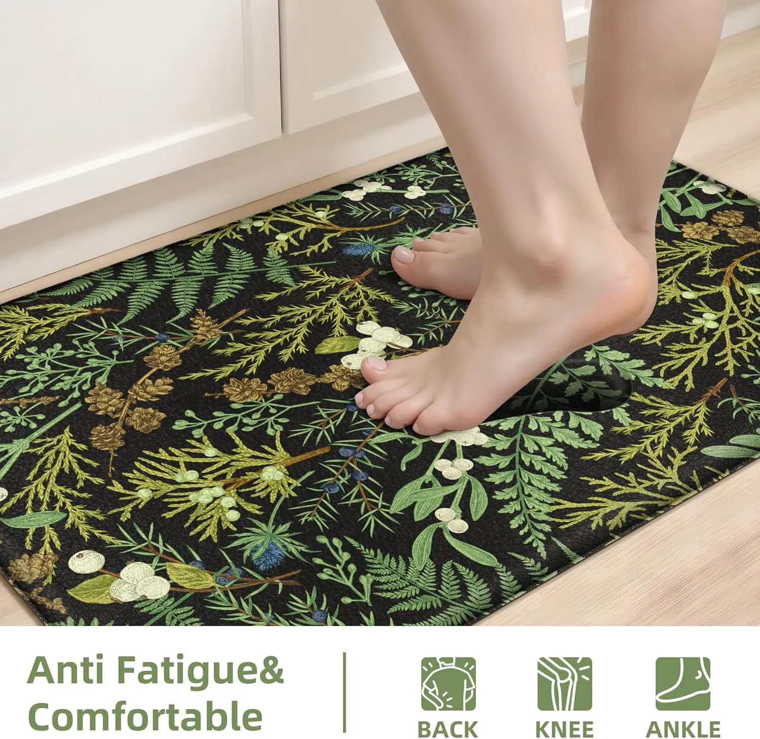 Black Green Botanical Kitchen Rugs Set of 2 Plant Leaf Anti-Fatigue Kitchen Mat Natural Comfort Standing Waterproof PVC Mats 2/5" Thick Leather Carpet for Laundry Office Sink(17.3" x28"   17.3" x 47")