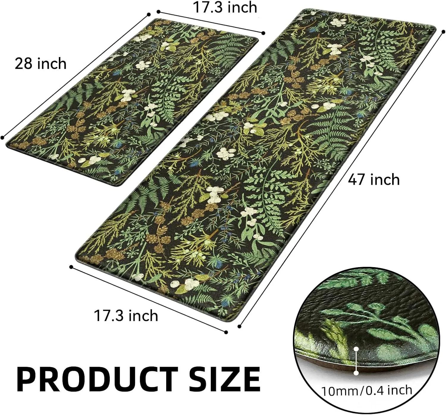 Black Green Botanical Kitchen Rugs Set of 2 Plant Leaf Anti-Fatigue Kitchen Mat Natural Comfort Standing Waterproof PVC Mats 2/5" Thick Leather Carpet for Laundry Office Sink(17.3" x28"   17.3" x 47")