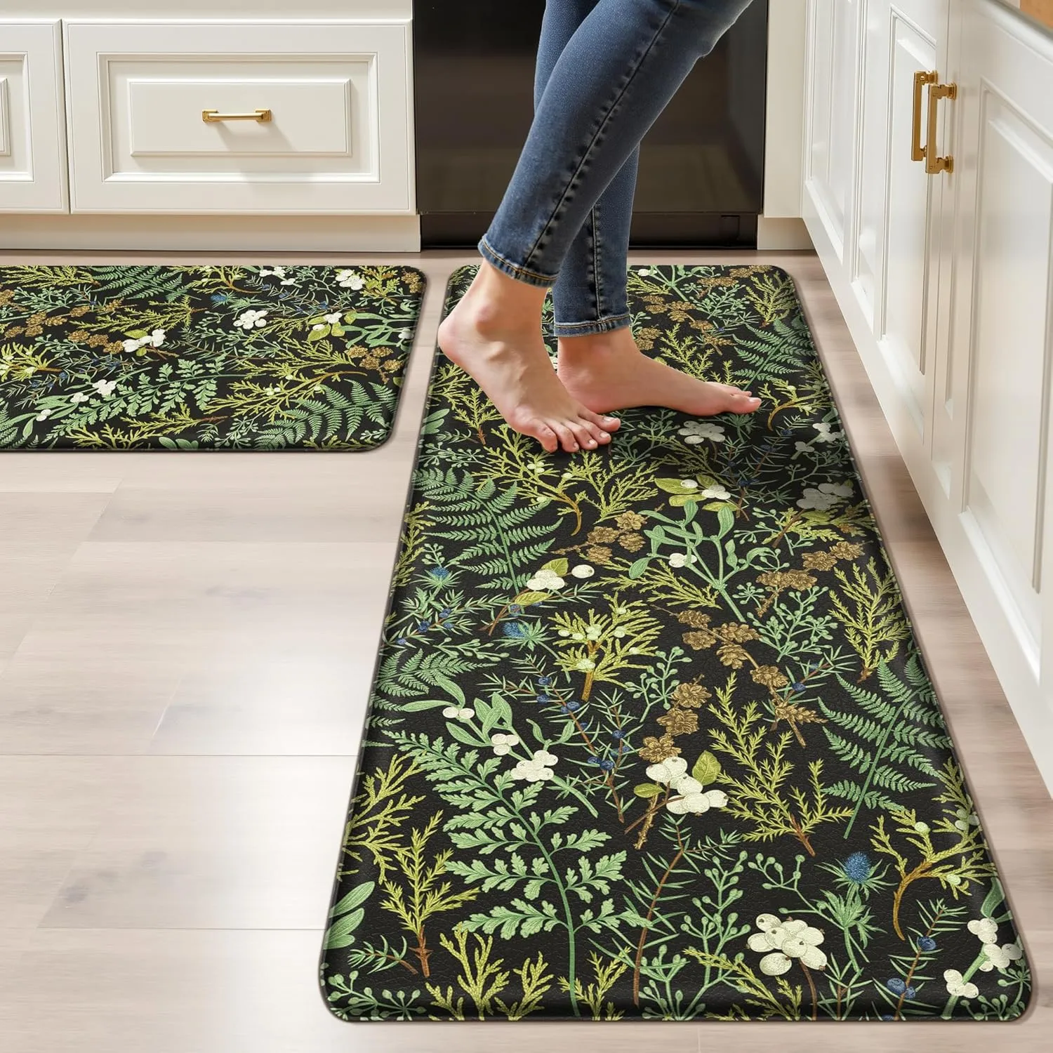 Black Green Botanical Kitchen Rugs Set of 2 Plant Leaf Anti-Fatigue Kitchen Mat Natural Comfort Standing Waterproof PVC Mats 2/5" Thick Leather Carpet for Laundry Office Sink(17.3" x28"   17.3" x 47")