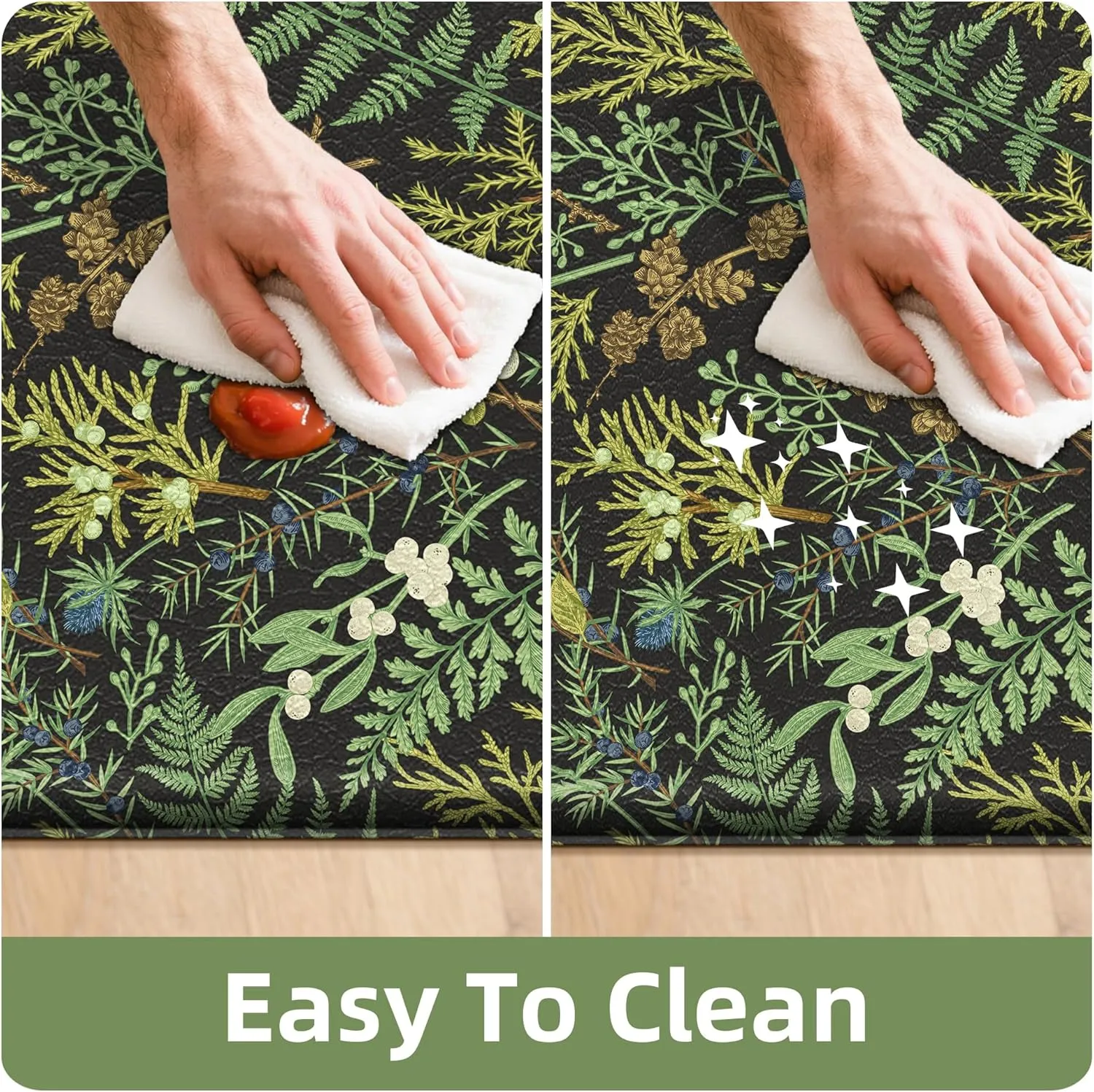 Black Green Botanical Kitchen Rugs Set of 2 Plant Leaf Anti-Fatigue Kitchen Mat Natural Comfort Standing Waterproof PVC Mats 2/5" Thick Leather Carpet for Laundry Office Sink(17.3" x28"   17.3" x 47")