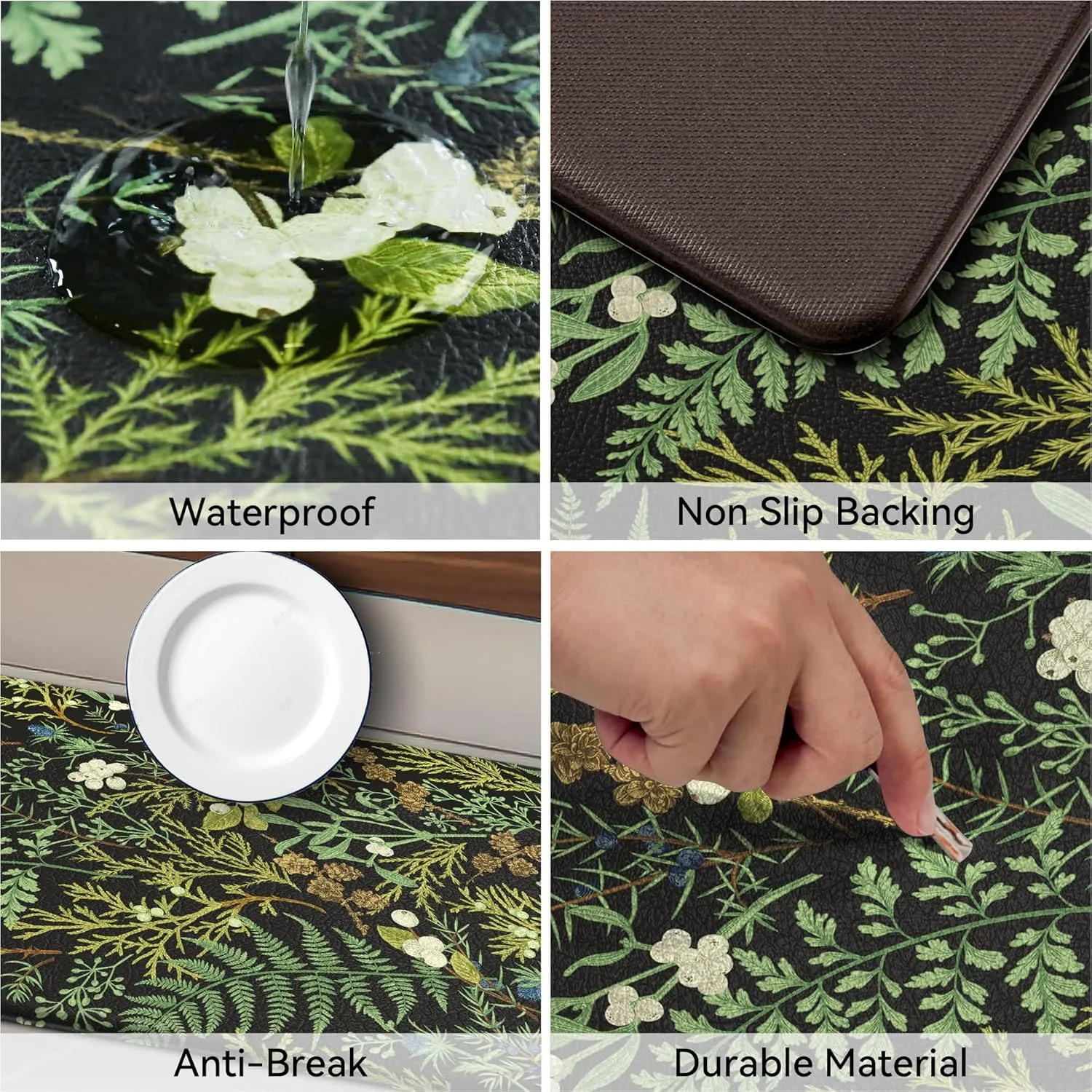 Black Green Botanical Kitchen Rugs Set of 2 Plant Leaf Anti-Fatigue Kitchen Mat Natural Comfort Standing Waterproof PVC Mats 2/5" Thick Leather Carpet for Laundry Office Sink(17.3" x28"   17.3" x 47")