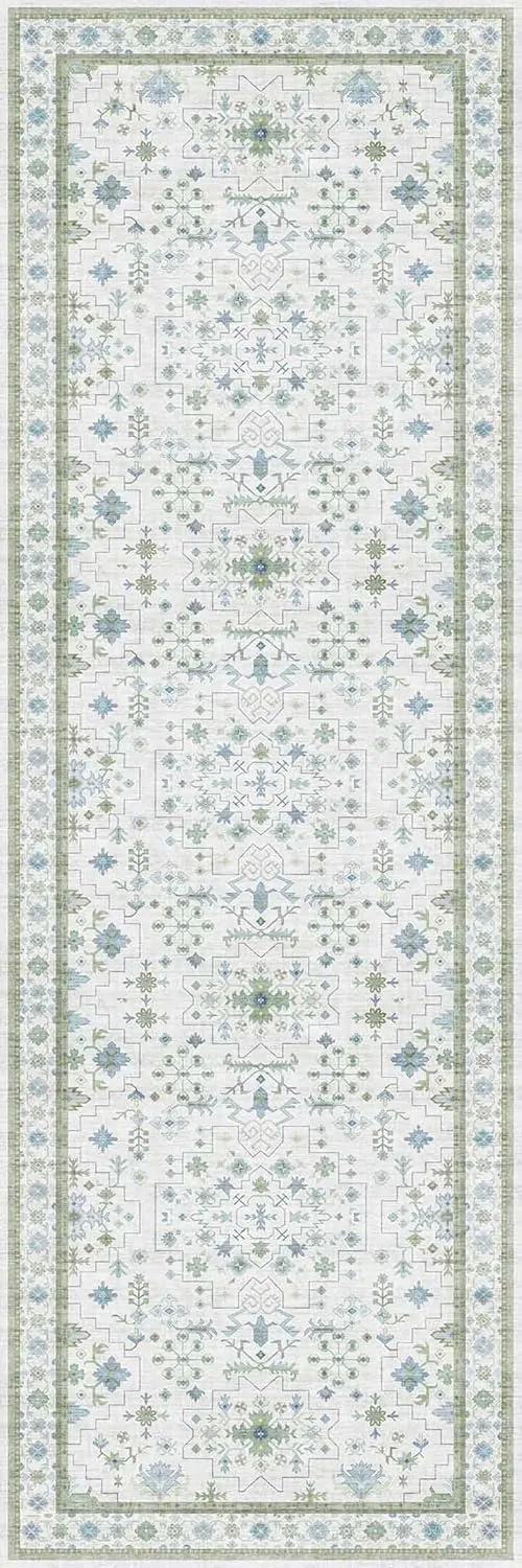 Blue and Green 2x6 Boho Bathroom Runner - Modern Vintage Eclectic Floral Pastel Geometric Oushak Runners, Washable Low Pile Non Slip Small Area Rugs for Kitchen, Hallway, Bedroom, Laundry, Powder Room