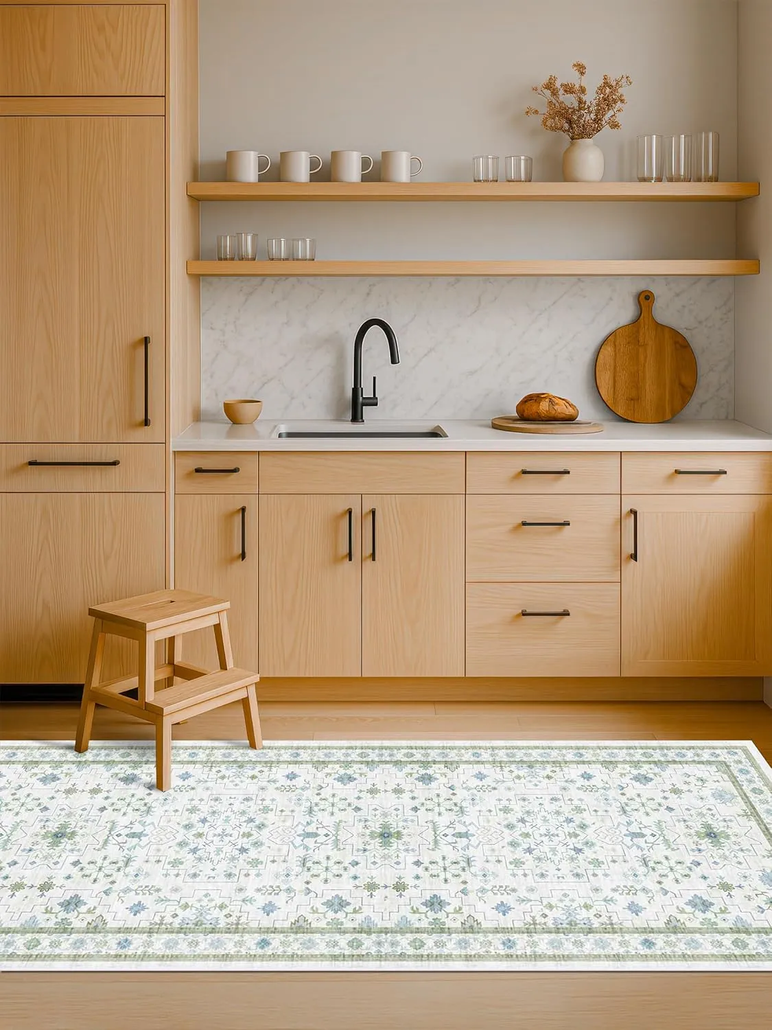 Blue and Green 2x6 Boho Bathroom Runner - Modern Vintage Eclectic Floral Pastel Geometric Oushak Runners, Washable Low Pile Non Slip Small Area Rugs for Kitchen, Hallway, Bedroom, Laundry, Powder Room