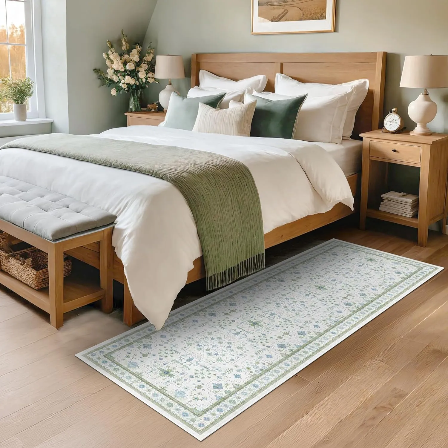 Blue and Green 2x6 Boho Bathroom Runner - Modern Vintage Eclectic Floral Pastel Geometric Oushak Runners, Washable Low Pile Non Slip Small Area Rugs for Kitchen, Hallway, Bedroom, Laundry, Powder Room
