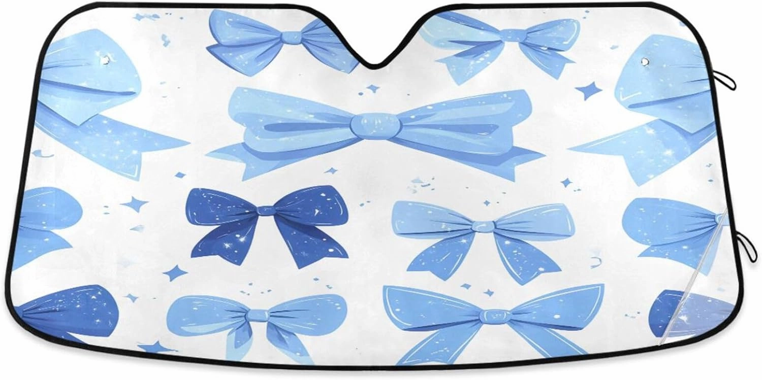 Blue Bows Car Windshield Sunshade Foldable Car Front Window Sun Shade Auto Sun Visor Heat Protector Blocks UV Rays and Keeps Vehicle Cool, 57x31.5inch
