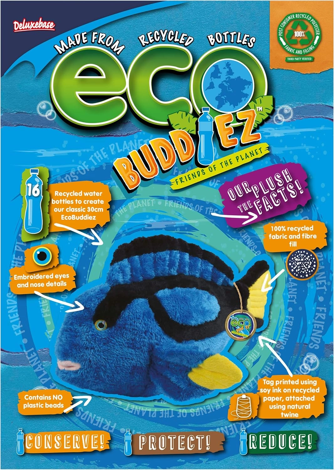 Blue Tang from Deluxebase. 13 Inch Blue Tang Plush Toy. Eco Friendly Child Safe Fish Stuffed Animal Made from Recycled Plastic Bottles.