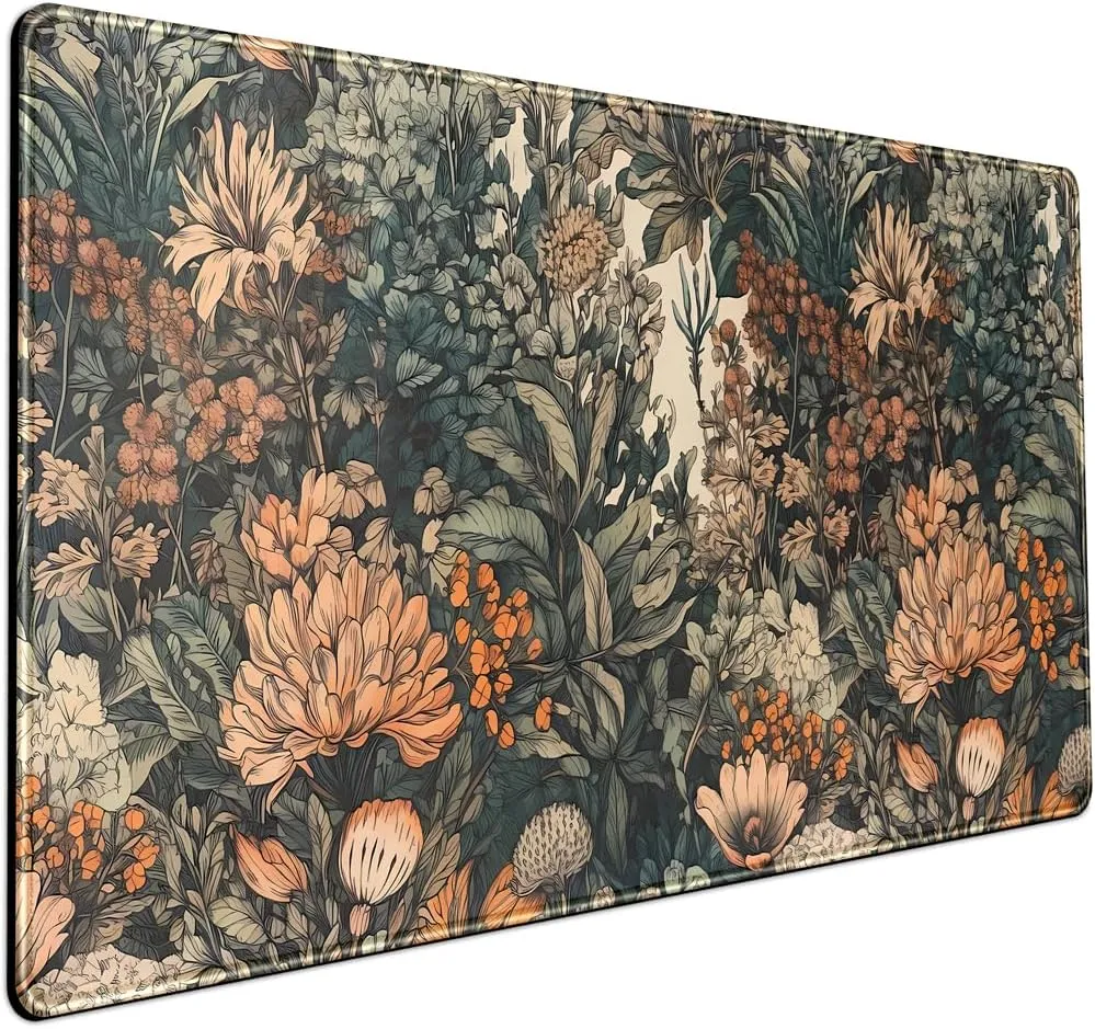 Boho Aesthetic Desk Mat Wildflowers Large Mouse Pad Gaming Desk Pad, XXL Keyboard Mat Full Desktop Women Office Desk Accessories with Stitched Edges Anti-Slip Funny Deskpad, 31.5 X 15.8 in