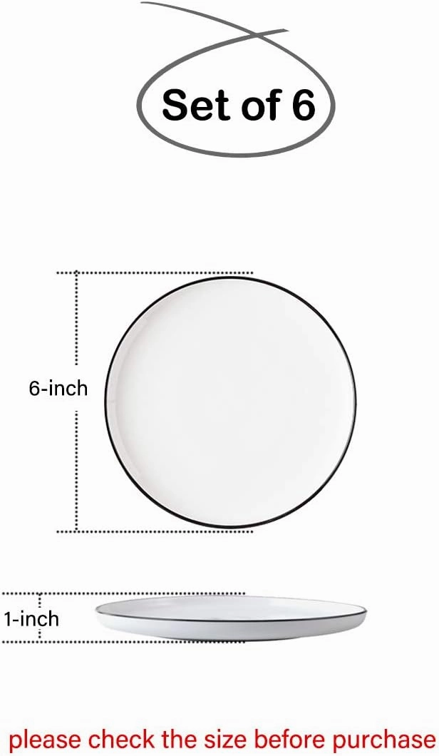 BonNoces 6-inch Small Porcelain Appetizer Plates, White with Black Edges Dinner Side Dishes Serving Plate, Dessert, Salad, Snacks Plate, Set of 6
