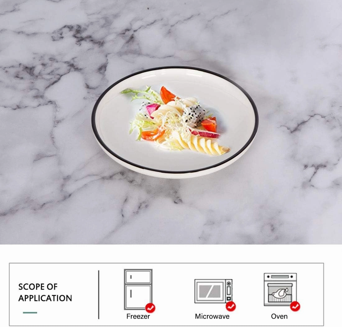 BonNoces 6-inch Small Porcelain Appetizer Plates, White with Black Edges Dinner Side Dishes Serving Plate, Dessert, Salad, Snacks Plate, Set of 6