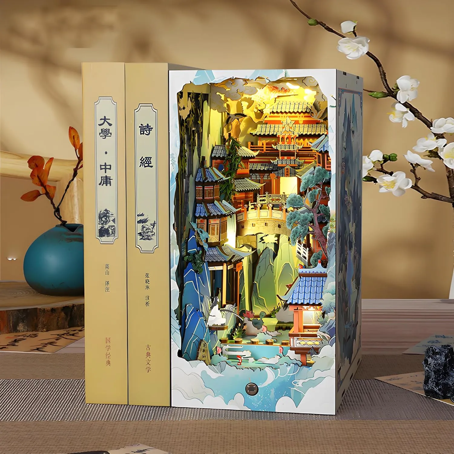 Book Nook Kit for Adults, DIY Dollhouse Booknooks Penglai Wonderland Ancient Chinese Landscapes Bookshelf Insert Decor with Dust Cover 3D Wooden Assembly Model Decoration Creative Gift