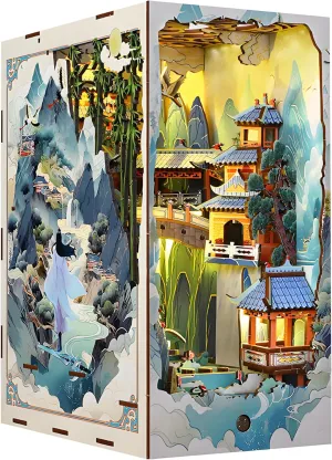 Book Nook Kit for Adults, DIY Dollhouse Booknooks Penglai Wonderland Ancient Chinese Landscapes Bookshelf Insert Decor with Dust Cover 3D Wooden Assembly Model Decoration Creative Gift