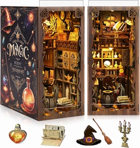 Book Nook Kit, DIY Miniature House Kit with Dust Cover LED Light 3D Wooden Puzzle Bookends Crafts Bookshelf Decoration Gift for Adults and Teens (Magic Night)