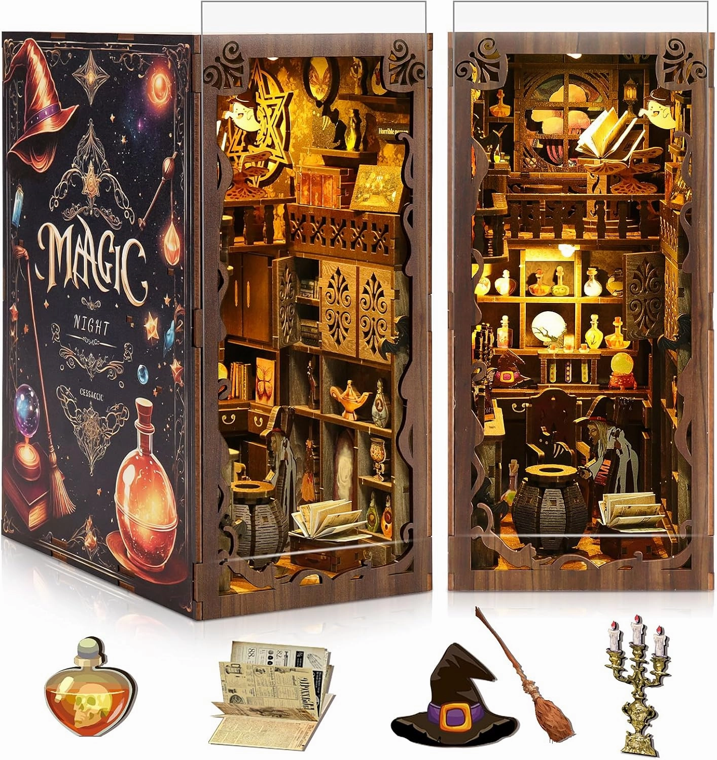 Book Nook Kit, DIY Miniature House Kit with Dust Cover LED Light 3D Wooden Puzzle Bookends Crafts Bookshelf Decoration Gift for Adults and Teens (Magic Night)