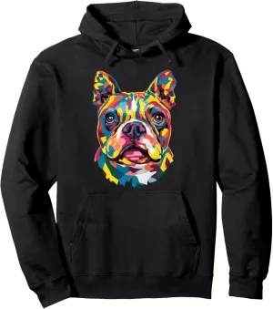 Boston Terrier Geometric Pop Art Closeup Portrait Puppy Face Pullover Hoodie