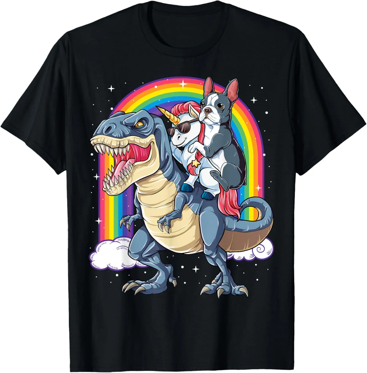 Boston Terrier Unicorn Riding Dinosaur T-rex Girls Rainbow T-Shirt