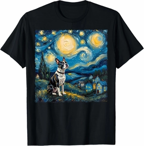 Boston Terrier Dog Lovers Starry Night Van Gogh Style Art T-Shirt