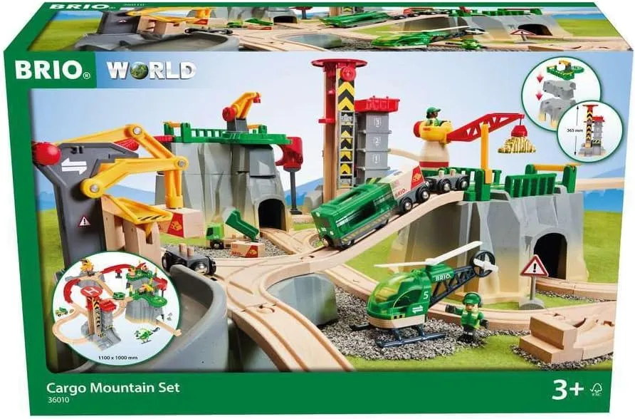 BRIO World Cargo Mountain Set - 49-Piece FSC-Certified Wood Train Set & Accessories - Compatible with All BRIO Railway Sets - Includes Crane, Helicopter, Caves & More - Fun Play for Kids Ages 3 & Up