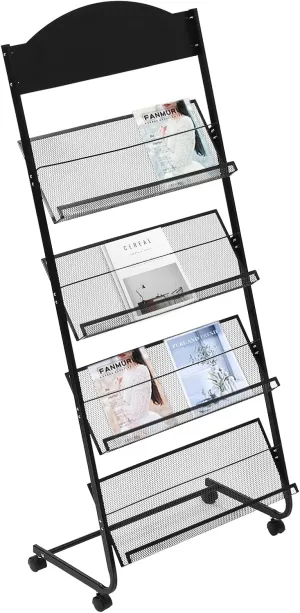 Brochure Display Rack Magazine News Paper Rack Metal Catalog Literature Rack Holder Stand Portable with Carrying Bag 4 Pockets for Exhibition Trade Show Retail Office Classroom