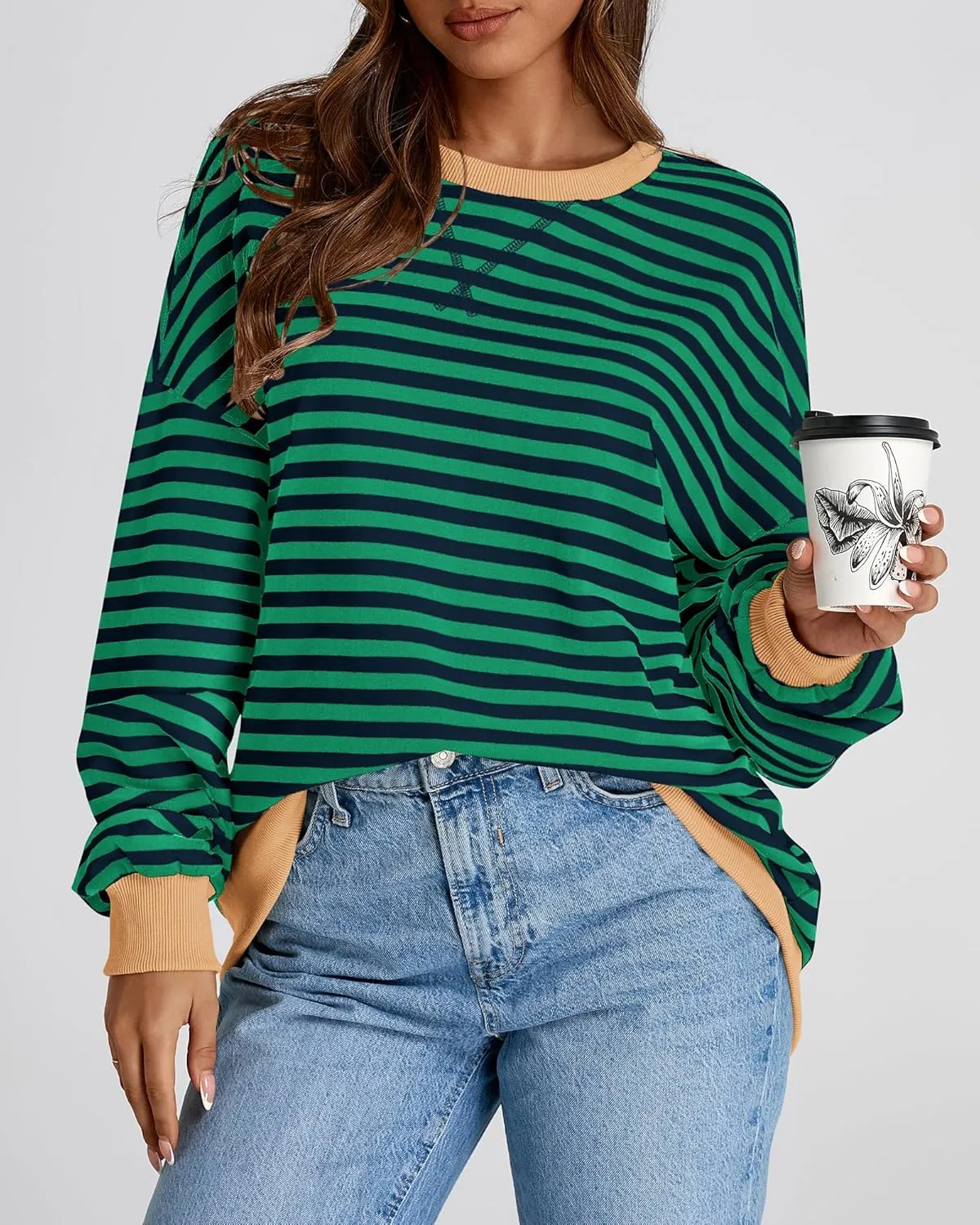 BTFBM Womens Striped Pullover Tops Spring Fall Clothes 2025 Long Sleeve Shirts Trendy Crew Neck Loose Y2K Sweatshirts
