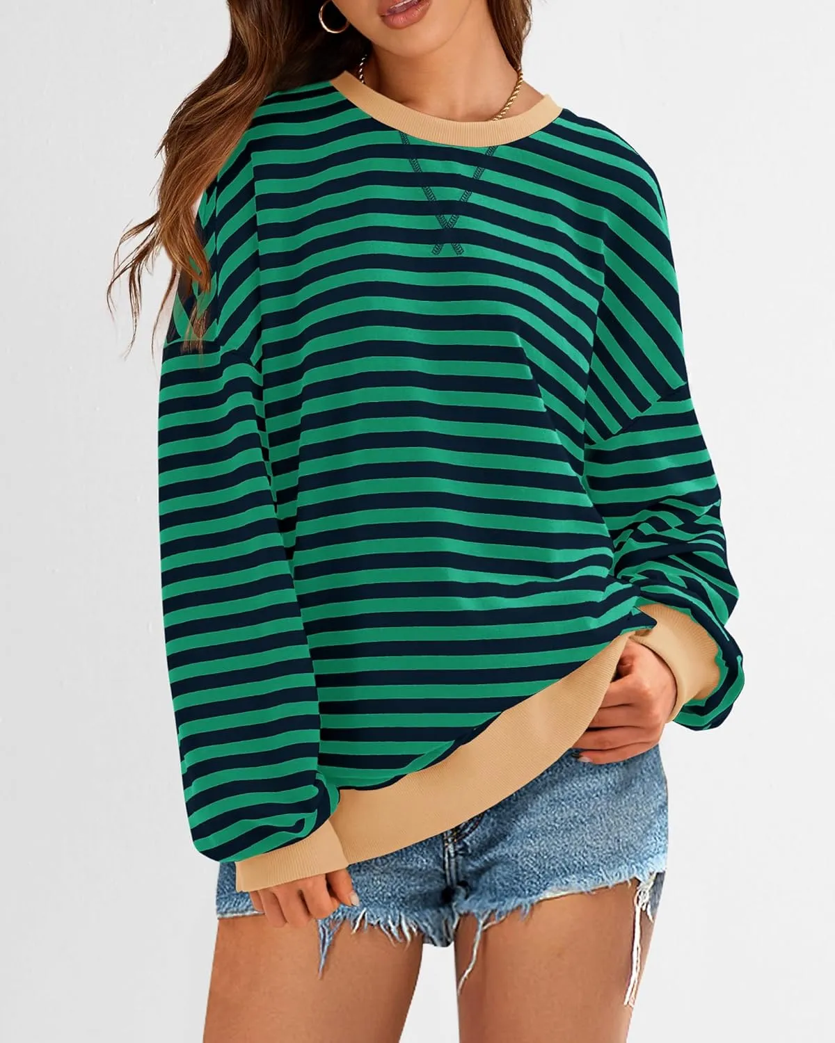 BTFBM Womens Striped Pullover Tops Spring Fall Clothes 2025 Long Sleeve Shirts Trendy Crew Neck Loose Y2K Sweatshirts