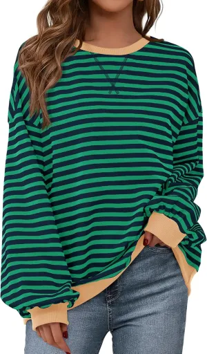 BTFBM Womens Striped Pullover Tops Spring Fall Clothes 2025 Long Sleeve Shirts Trendy Crew Neck Loose Y2K Sweatshirts